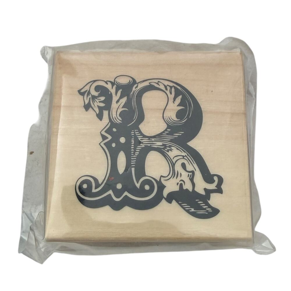 Ornate Decorative Letter R Monogram Wood Mounted Rubber Stamp